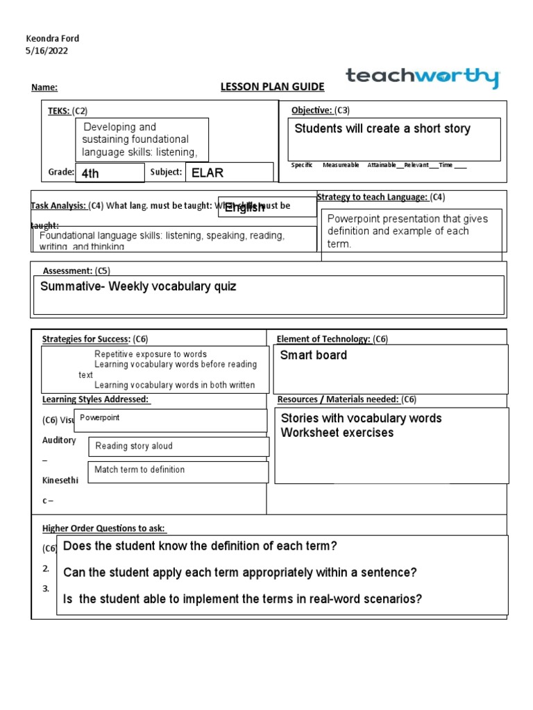 Effective Lesson Plan for Vocabulary Skills | PDF | Lesson Plan ...