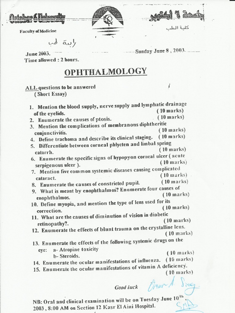 Ophthalmology Exams 20032010