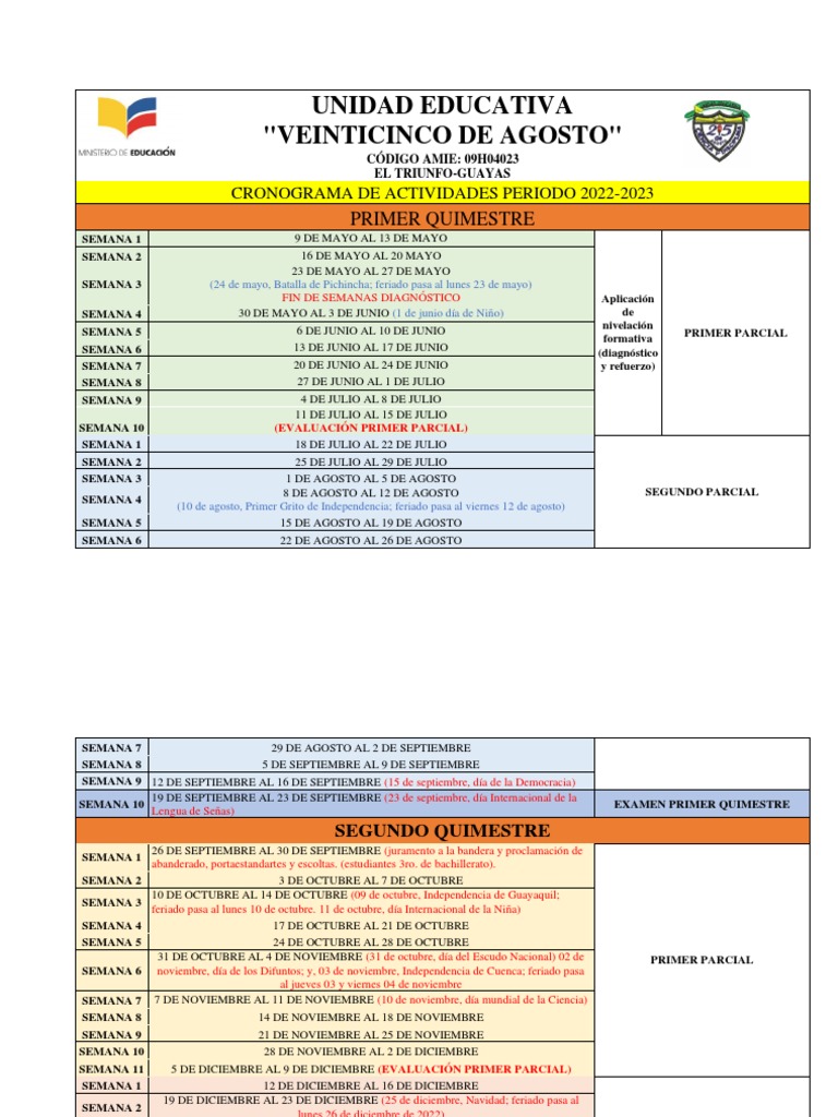 Cronograma Escolar 2022-2023 Ueva | PDF