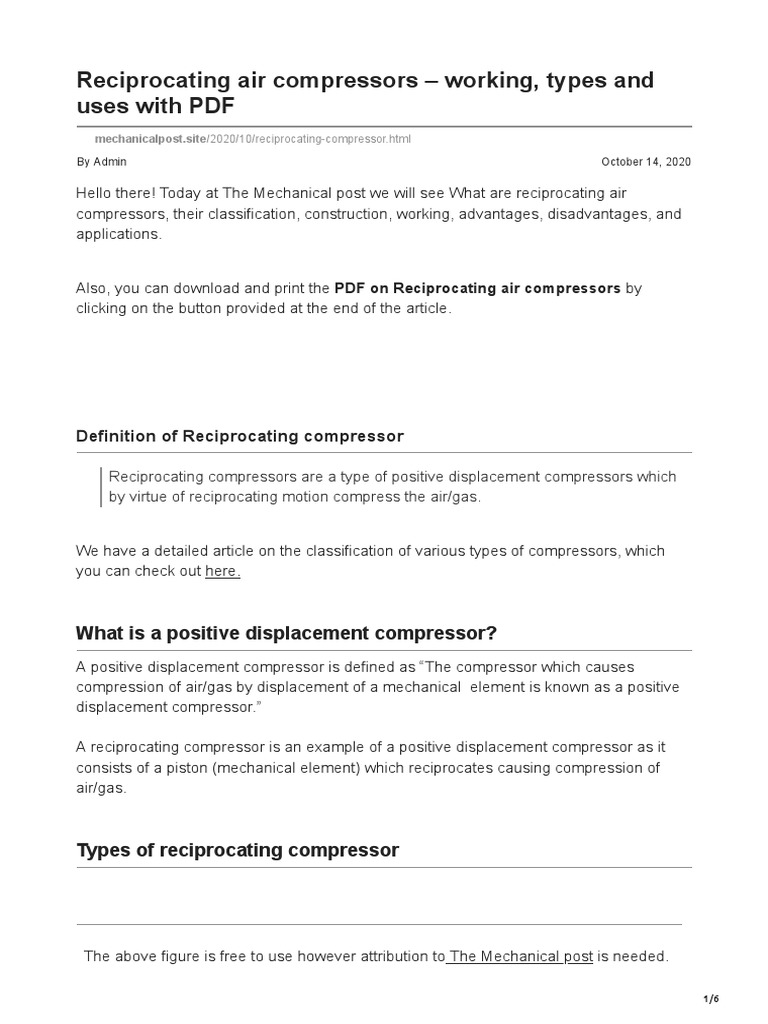 Reciprocating Air Compressors Working Types and Uses With PDF PDF