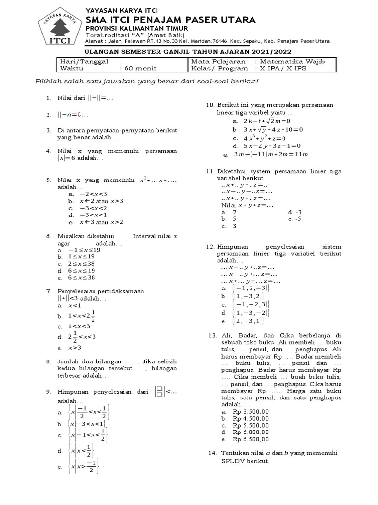 Soal UTS Matematika Kelas 3 Semester 1 | PDF