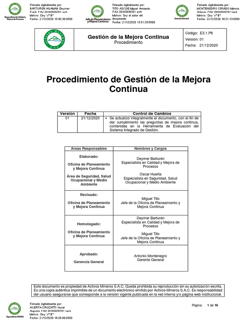 Procedimiento de Mejora Continua en AMSAC | PDF | Planificación ...