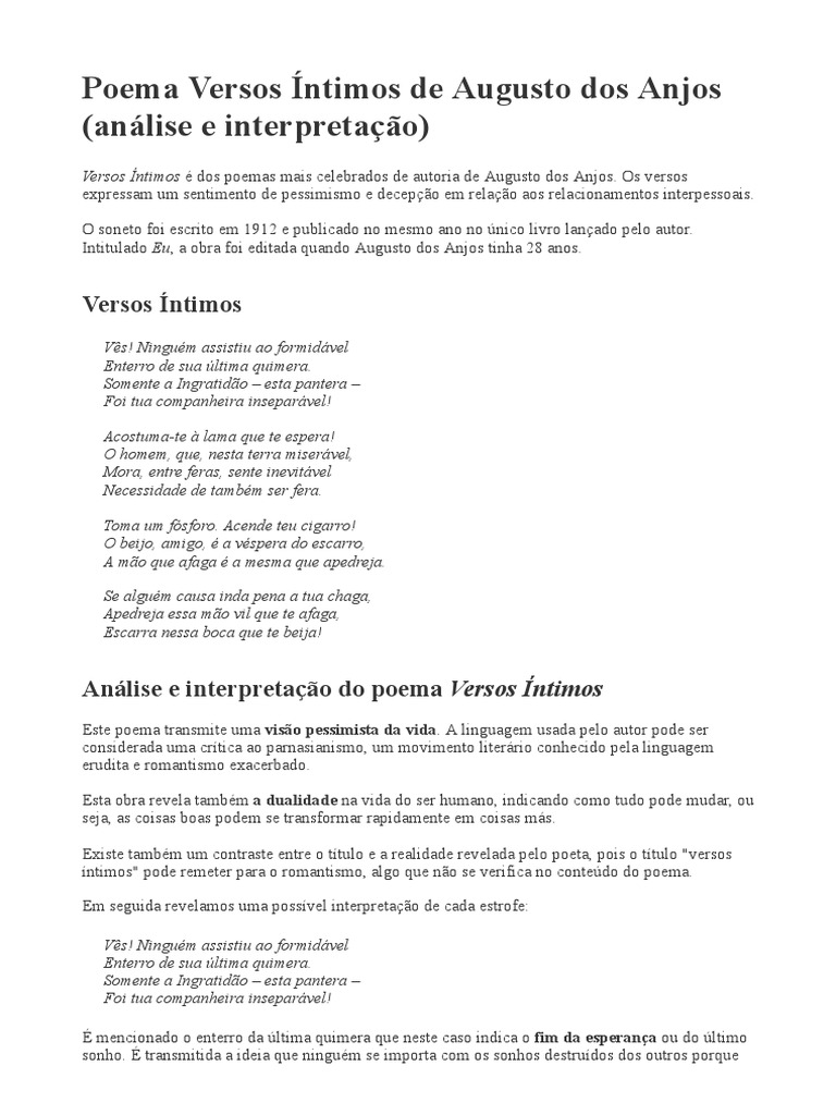 Poema Versos Íntimos de Augusto Dos Anjos (Análise e Interpretação ...