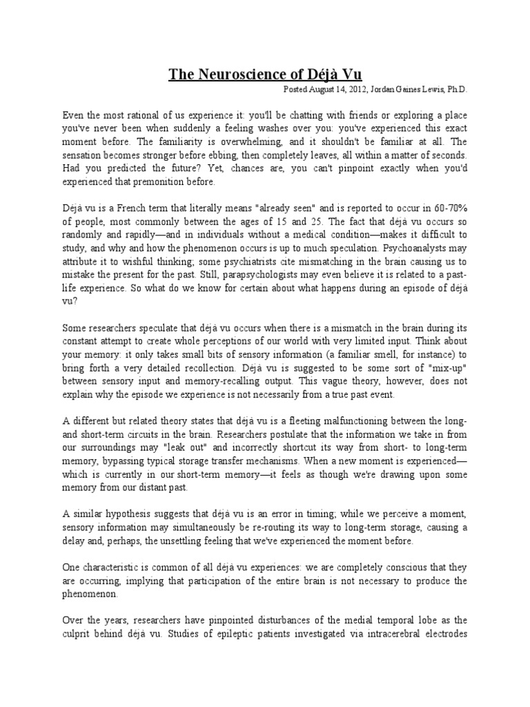 The Neuroscience of Déjà Vu PDF Memory Perception