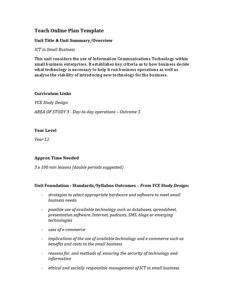 Teach Online Plan Template: Unit Title & Unit Summary/Overview | PDF ...