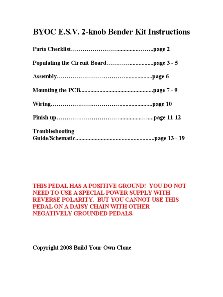 BYOC E.S.V. 2-Knob Bender Kit Instructions | PDF | Printed Circuit