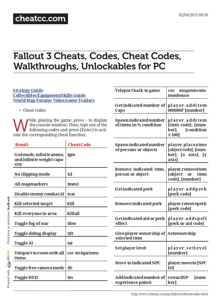 Www cheatcc fallout 3 cheats codes cheat codes walkthroughs