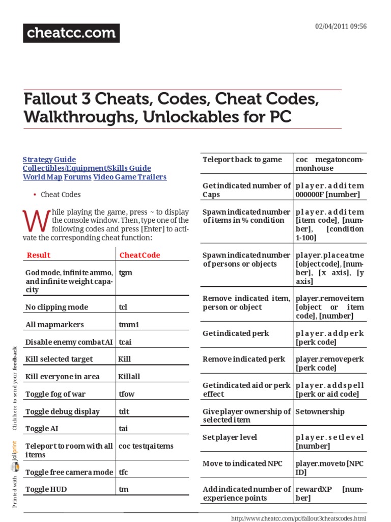 Fallout 3 Cheats Codes Cheat Codes Walkthroughs Unlockables For PC