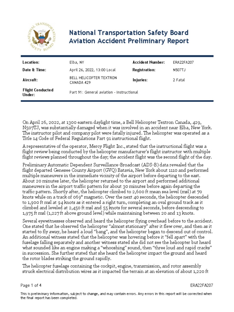 National Transportation Safety Board Aviation Accident Preliminary
