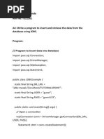 Name: Dipak Munde Roll No: TE21261 A4: Write A Program To Insert and Retrieve The Data From The Database Using JDBC. Program: // Program To Insert Data Into Database