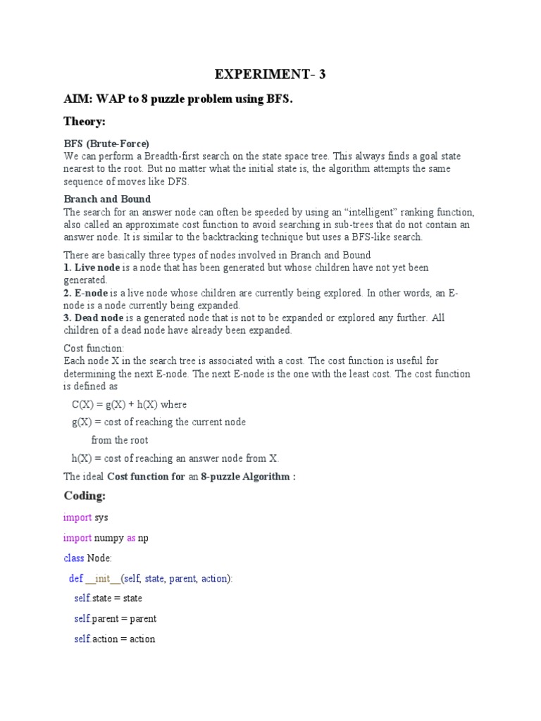 Experiment 3 aim wap to 8 puzzle problem using bfs theory