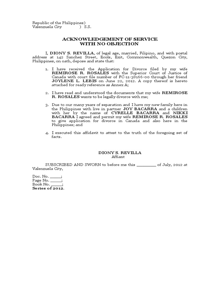 Divorce Acknowledgment Affidavit Philippines | PDF