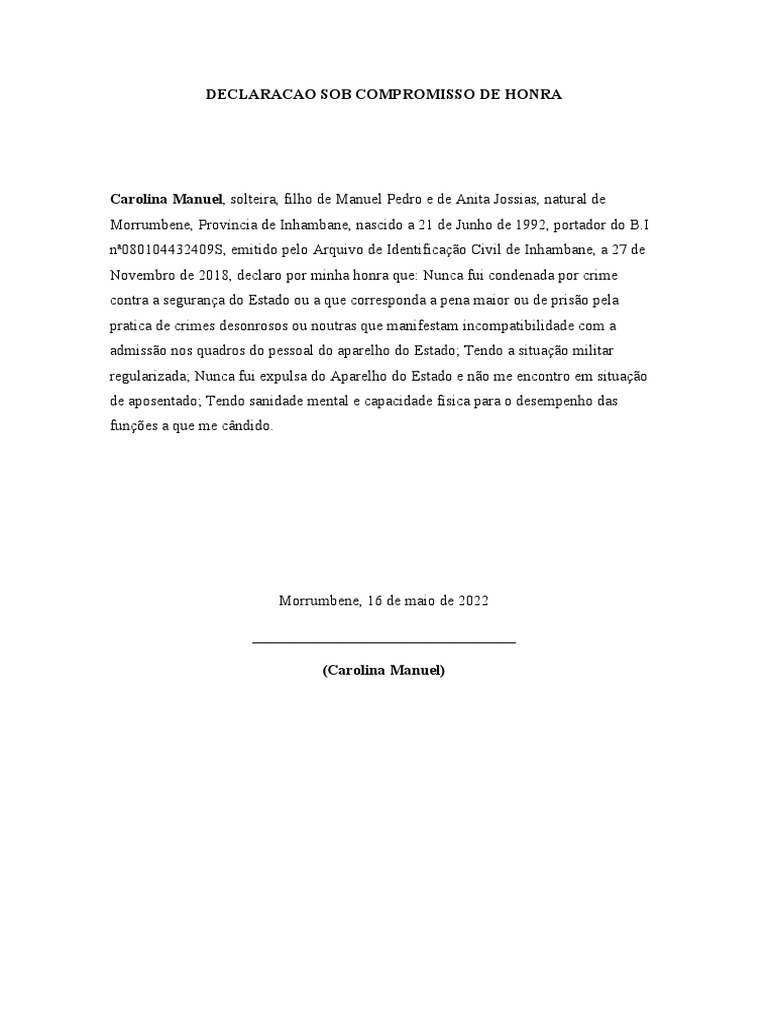 Declaração de Compromisso de Honra | PDF | Ciências Sociais | Estilo de ...