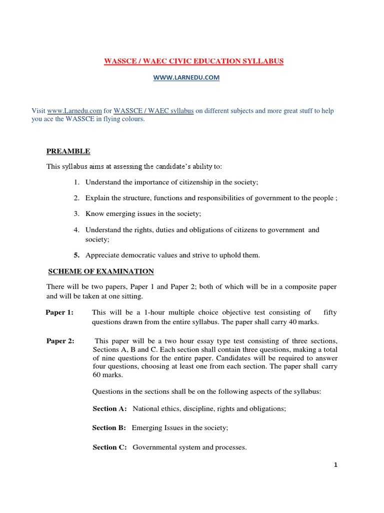WAEC Civic Education Syllabus 2025 | PDF | Rule Of Law | Citizenship