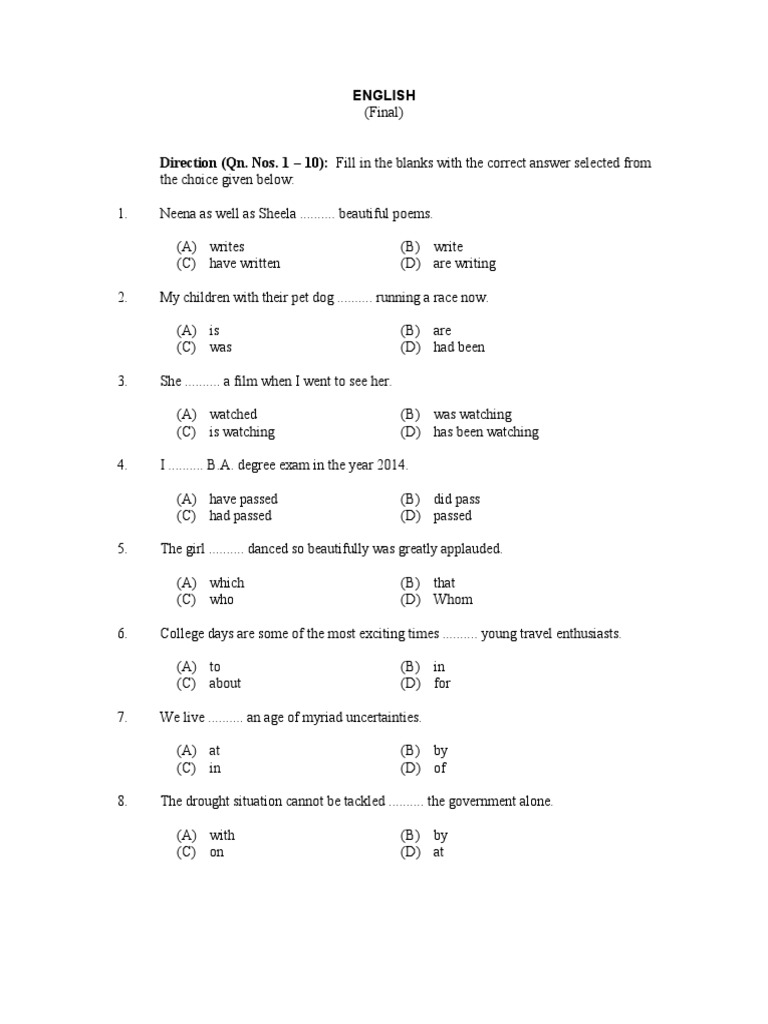 English Language FillInTheBlanks and Multiple Choice Questions PDF