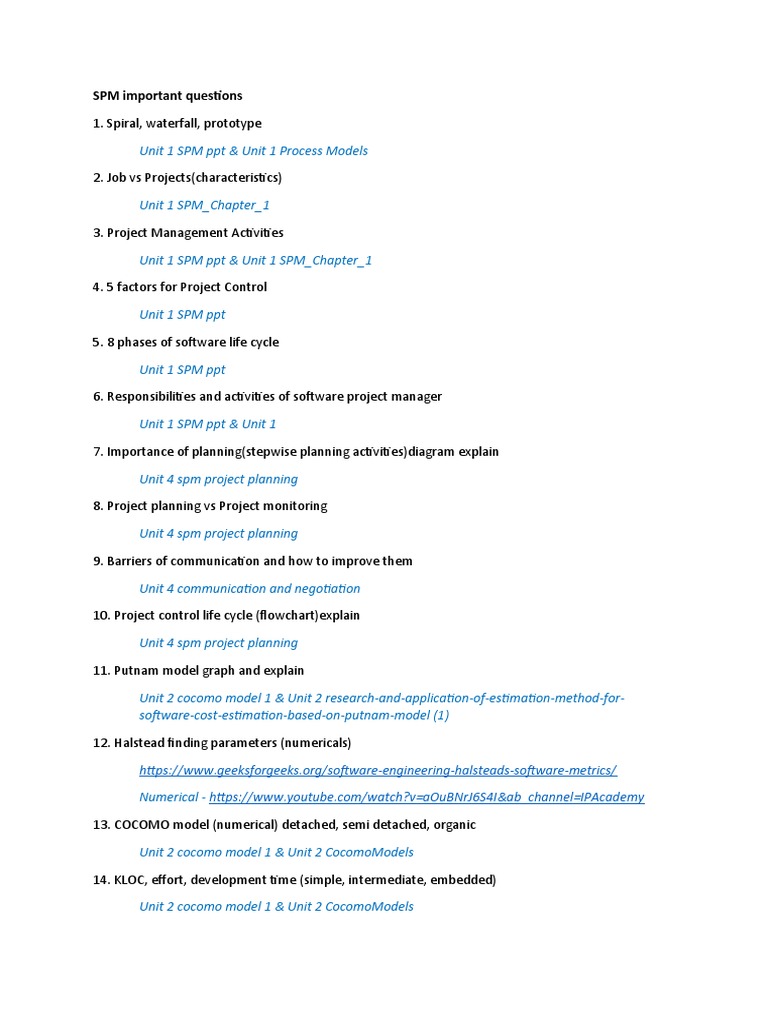 Key SPM Questions and Concepts | PDF | Software Quality | Information ...