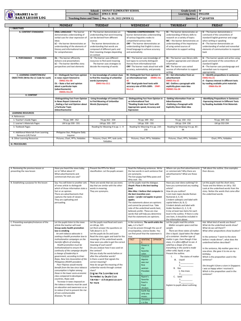 Grade 4 English Daily Lesson Plan | PDF | Learning | Reading Comprehension