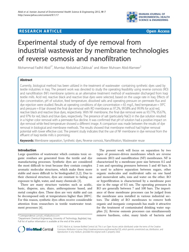 Experimental Study of Dye Removal From Textile WW by Membrane ...