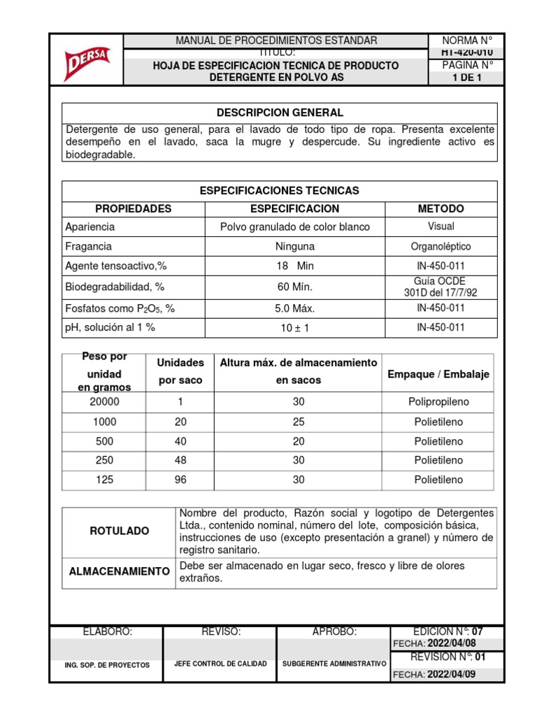 Especificaciones Detergente en Polvo AS | PDF | Detergente | Agua