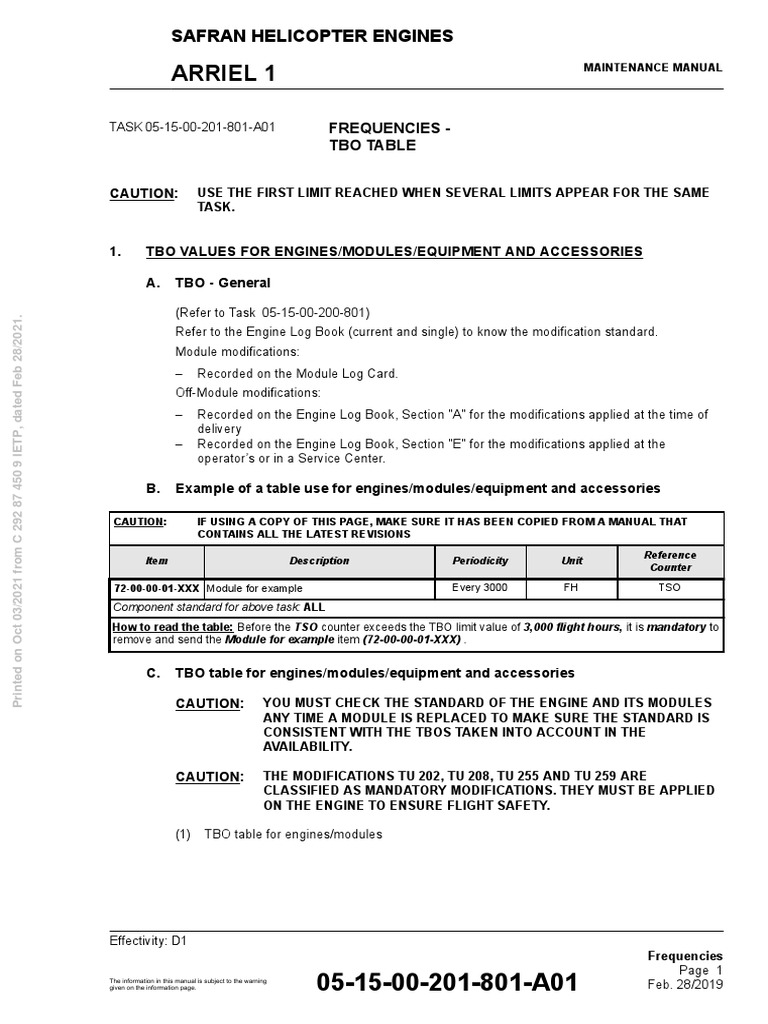 Arriel 1 Engine TBO Maintenance Guide | PDF | Machines | Manufactured Goods