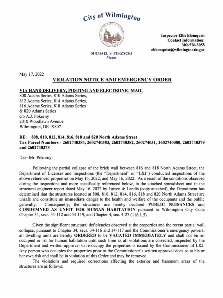 Wilmington Inspection Report On Adams Street Apartment Violations PDF
