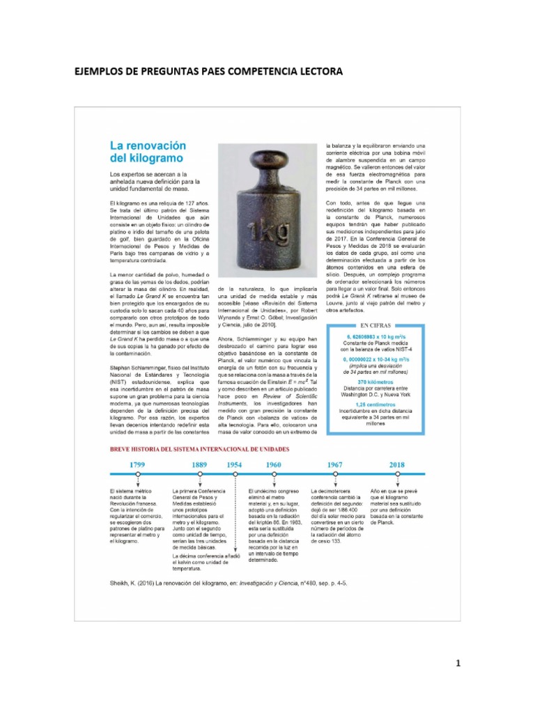 Ejemplos de Preguntas Paes Competencia Lectora | PDF | Masa | Kilogramo