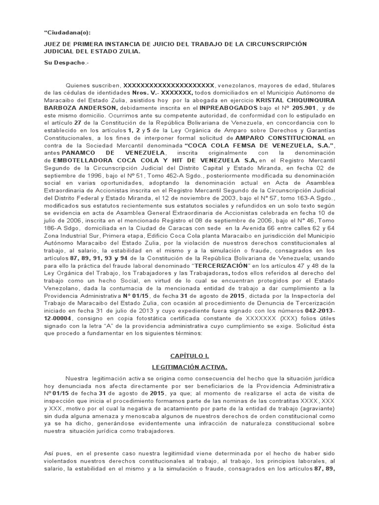 Amparo Laboral Tercerizacion | PDF | Derecho laboral | Caso de ley