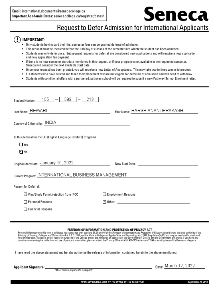 Request To Defer Admission For International Applicants: Important ...