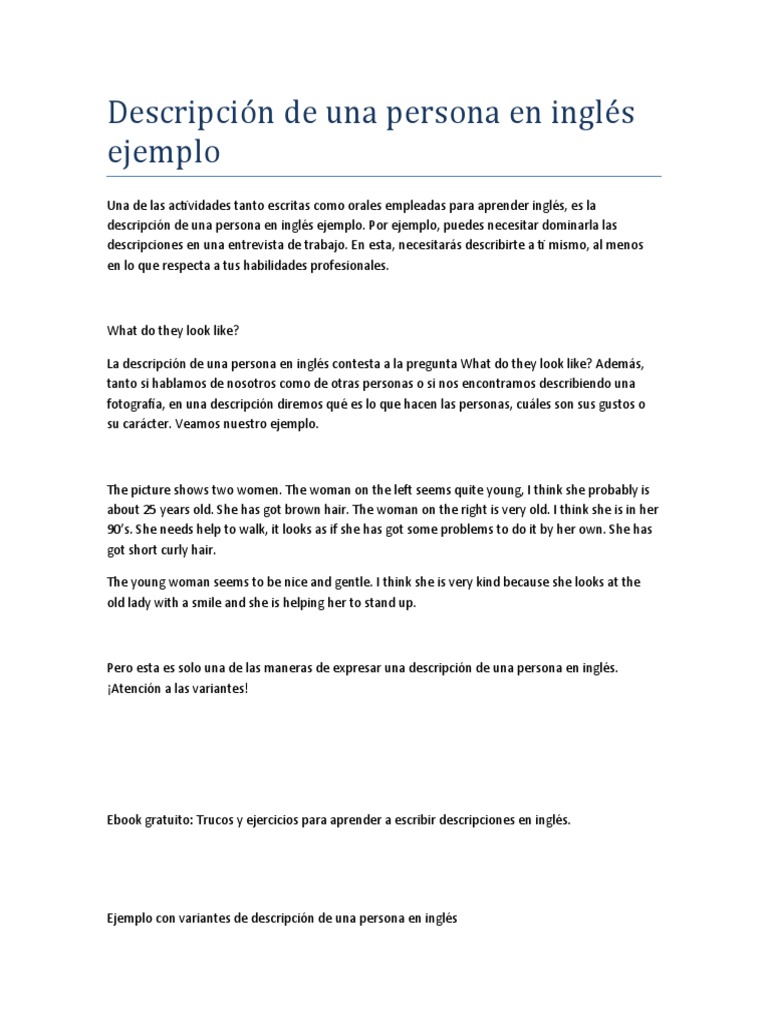 Descripción de Una Persona en Inglés Ejemplo PDF Lingüística