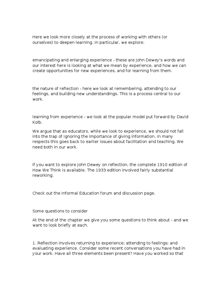 Infed Importance of Reflection | PDF | John Dewey | Learning