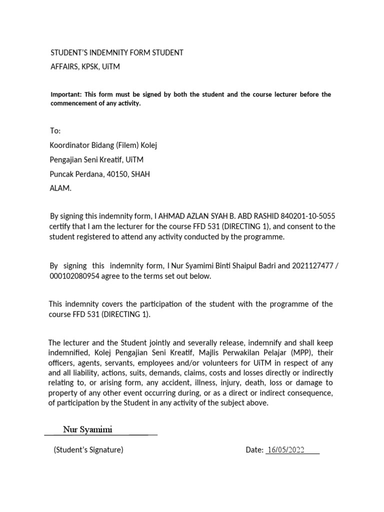 Important: This Form Must Be Signed by Both The Student and The Course ...