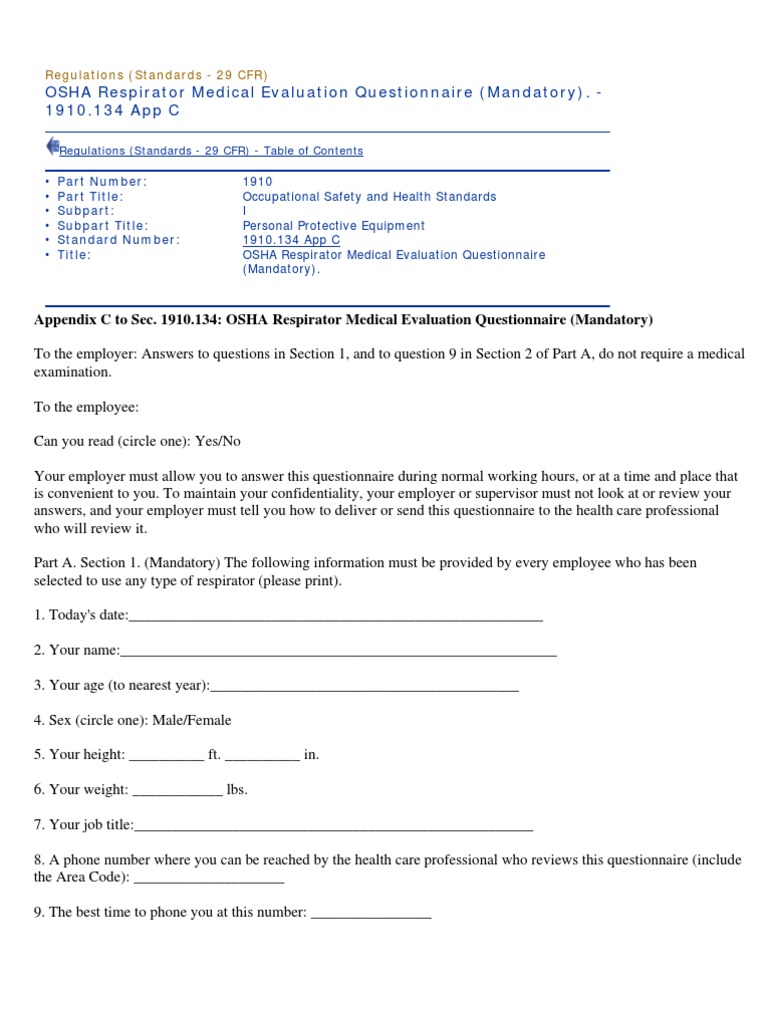 OSHA's Respirator Medical Questionnaire PDF Cough Chronic