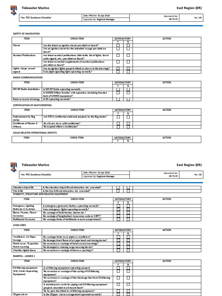 PSC Guidance Checklist for Mariners | PDF | Manufactured Goods | Water ...