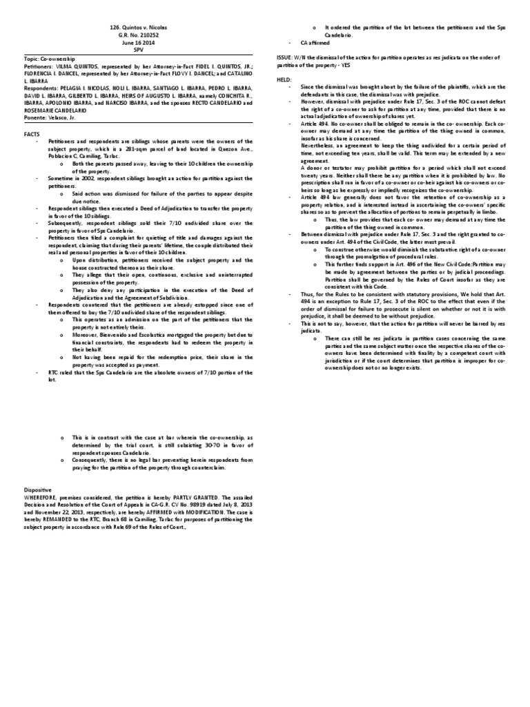 Quintos v. Nicolas Digest PDF Concurrent Estate Public Law