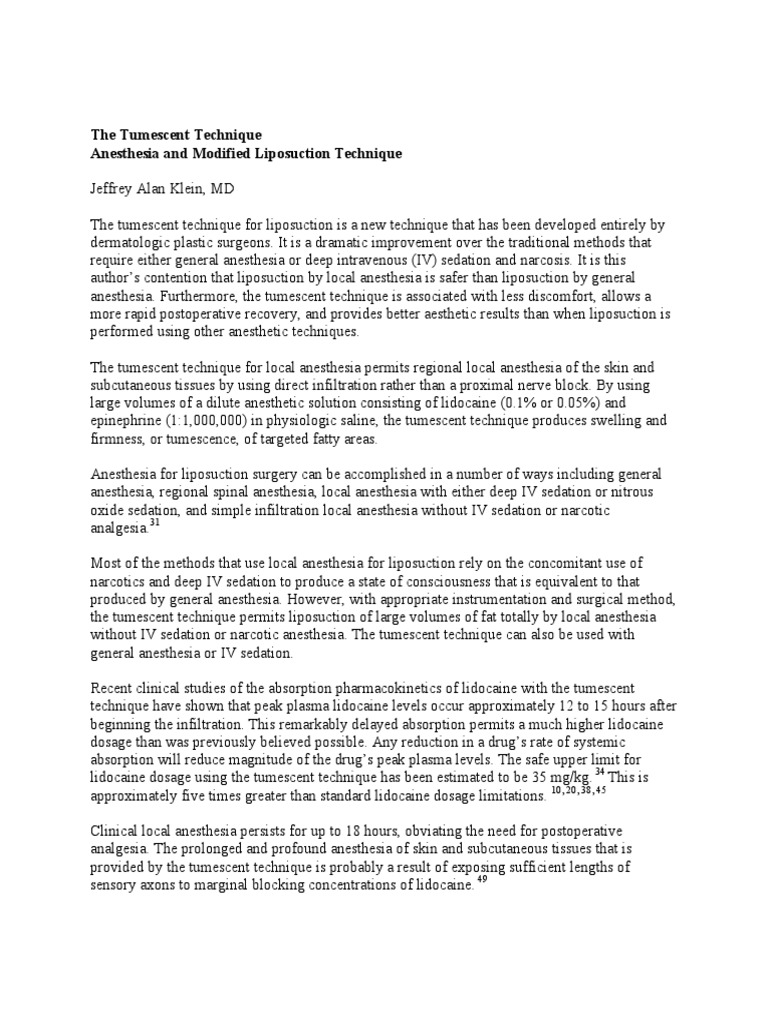 The Tumescent Technique Anesthesia Pdf Anesthesia Surgery