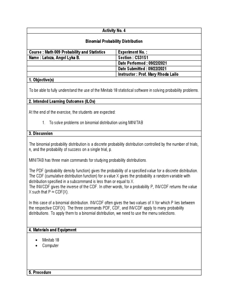 Binomial Distribution with Minitab 18 | PDF | Probability Distribution ...