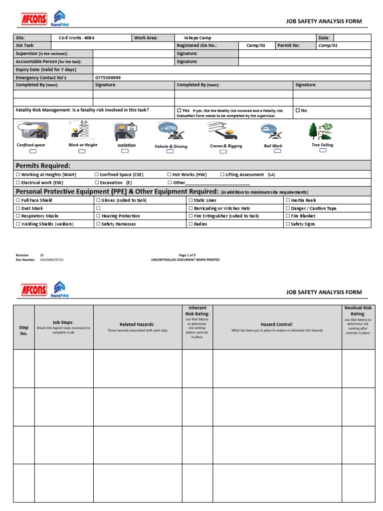 Job Safety Analysis Form PDF Nature Safety