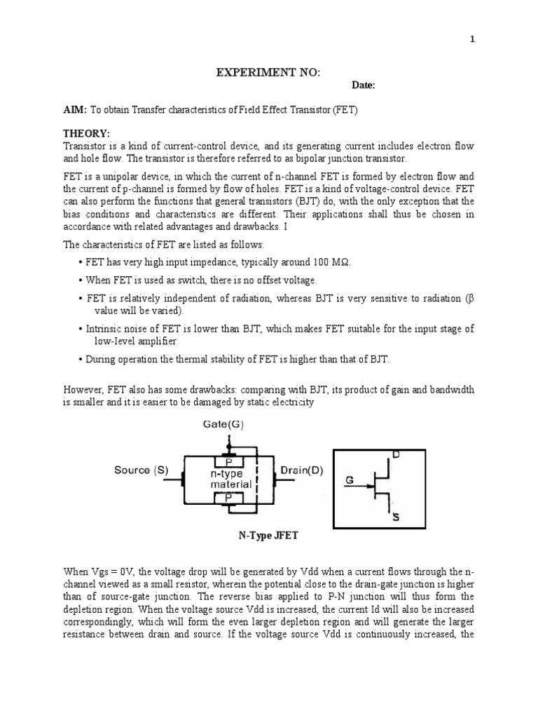 Experiment No Date AIM To Obtain Transfer Characteristics of Field