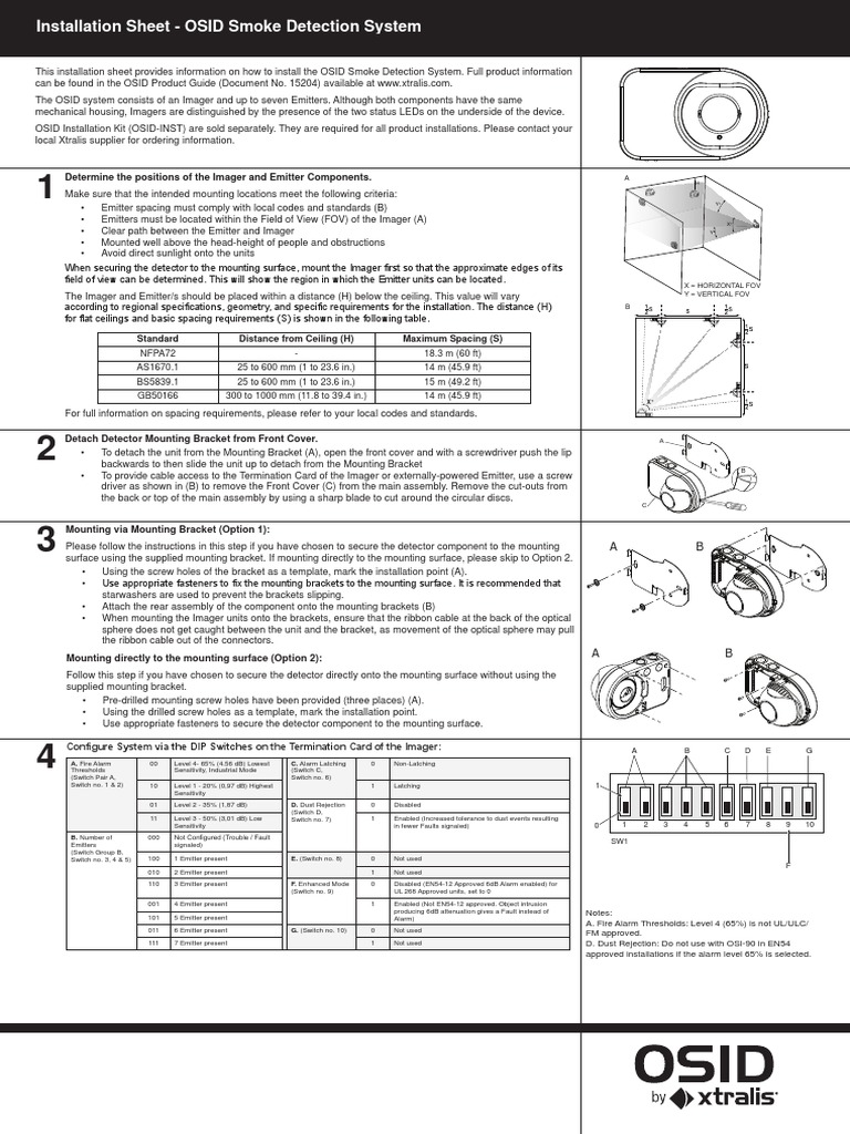 Installation Sheet OSID Smoke Detection System Standard Distance From Ceiling (H) Maximum