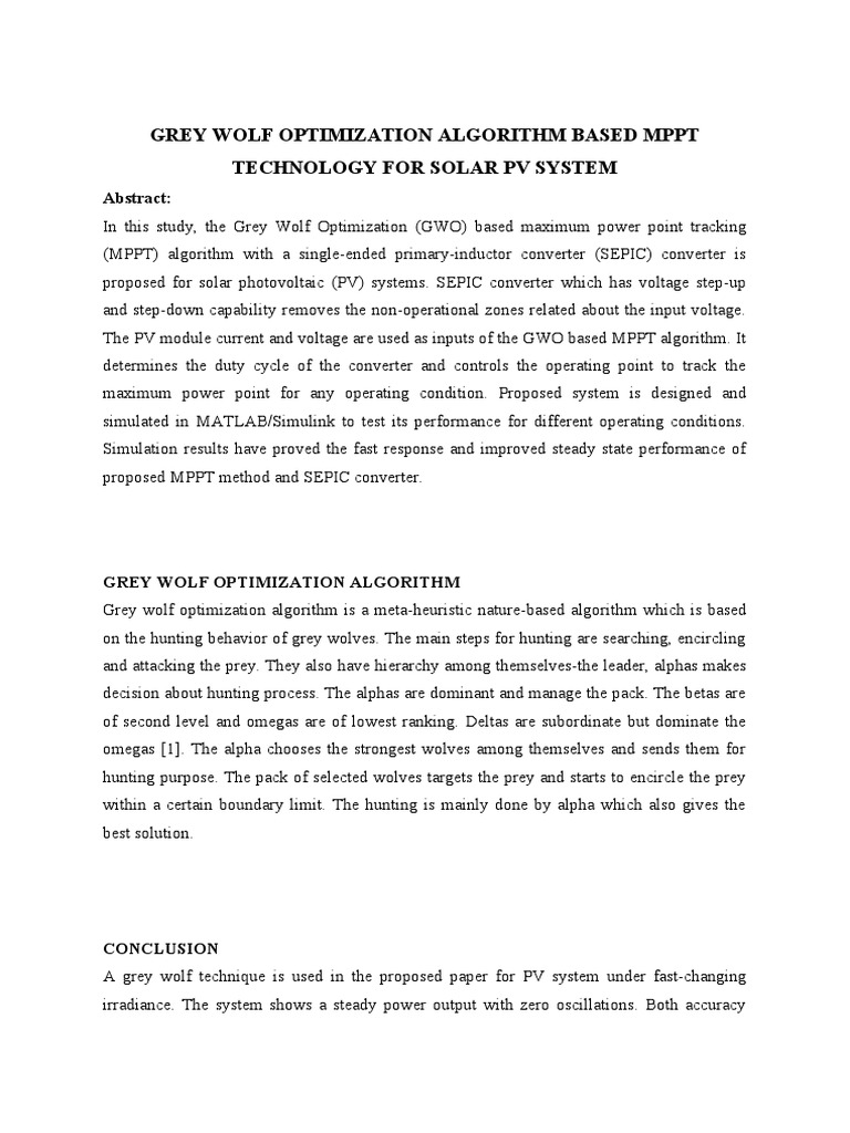 Grey Wolf Optimization Algorithm Based MPPT Technology For Solar PV ...