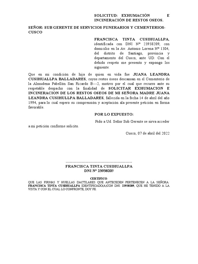 Solicitud de Exhumacion | PDF