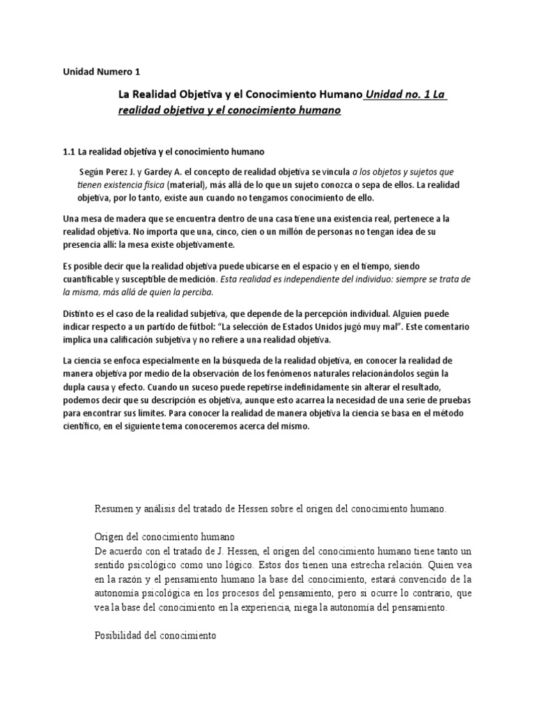 Unidad No. 1 La Realidad Objetiva y El Conocimiento Humano | PDF ...