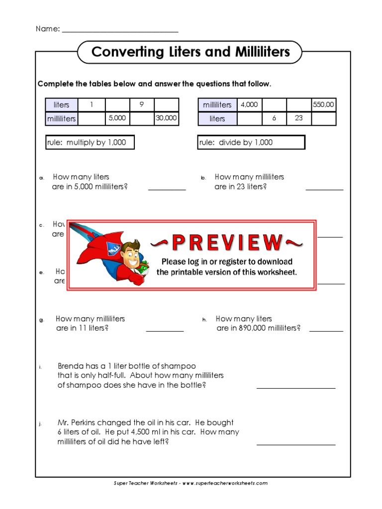Converting Liters and Milliliters Complete The Tables Below and Answer