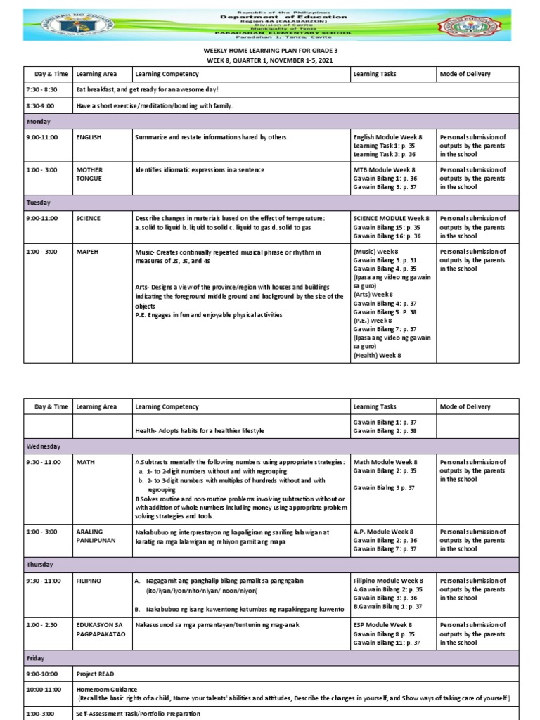 Grade 3 Weekly Learning Plan: Nov 1-5 | PDF | Cognition | Cognitive Science