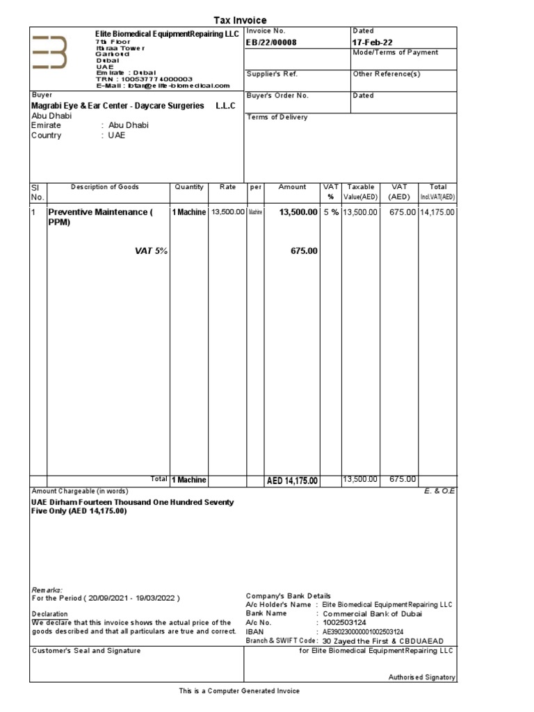 Tax Invoice Abu Dhabi Emirate Abu Dhabi Country Uae PDF Invoice