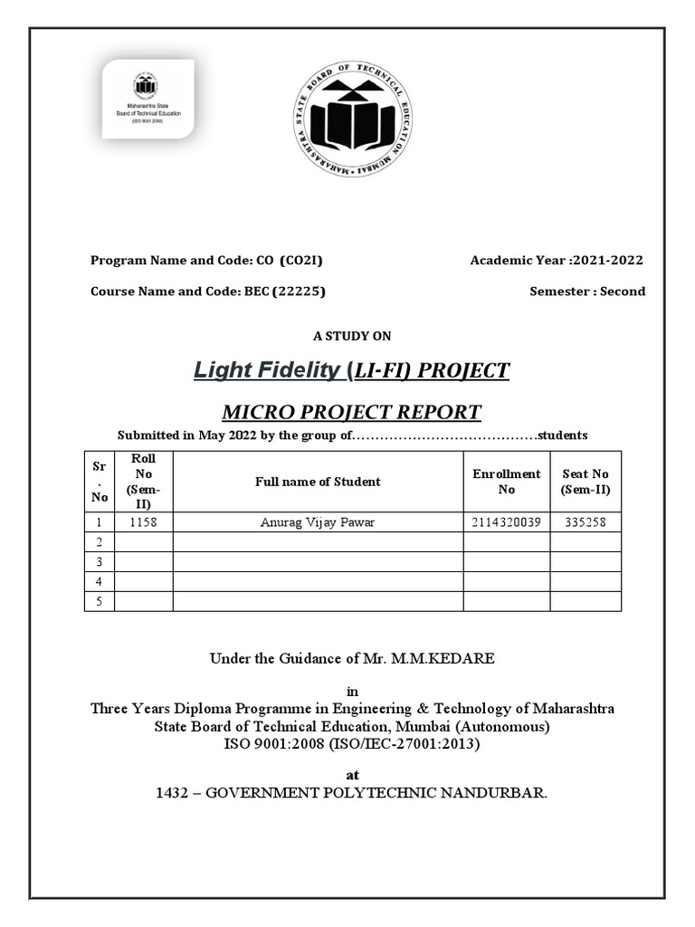 Li-Fi Micro Project Report 2022 | PDF | Light Emitting Diode | Radio
