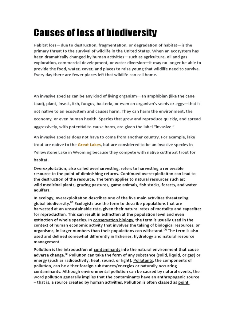 Key Causes of Biodiversity Loss | PDF | Invasive Species | Pollution