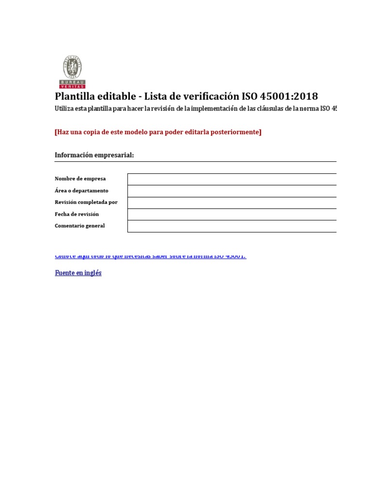 Descarga Plantilla Lista de Verificacion ISO 45001 2018 | PDF ...