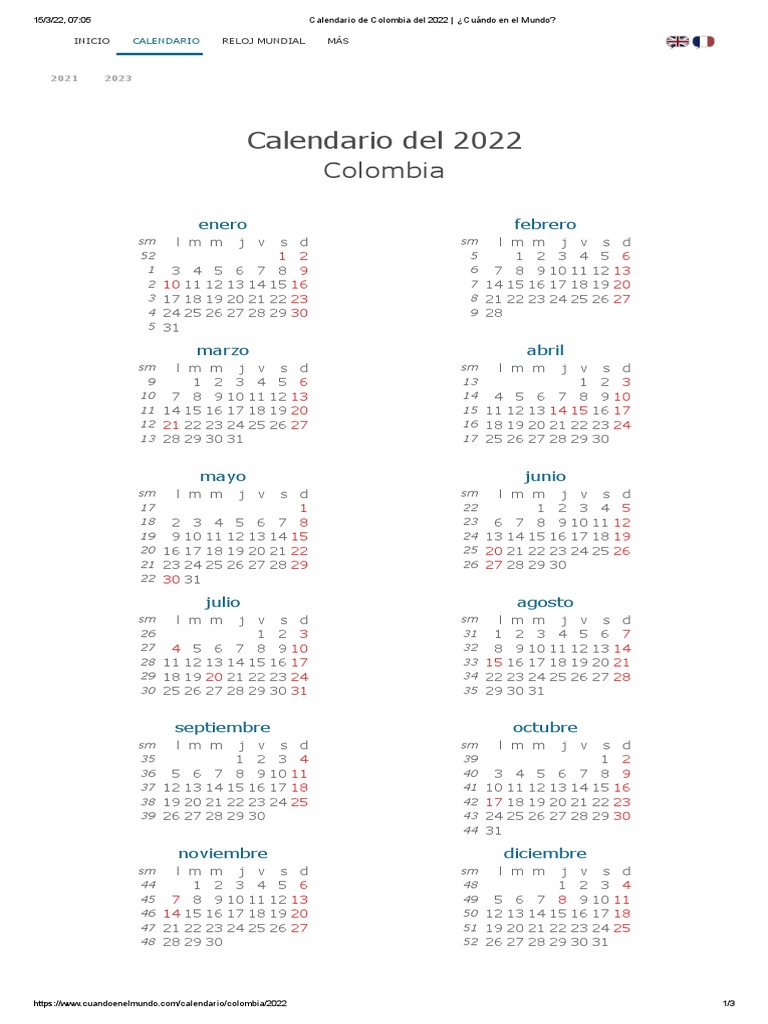 Calendario de Colombia del 2022 _ ¿Cuándo en el Mundo_ PDF