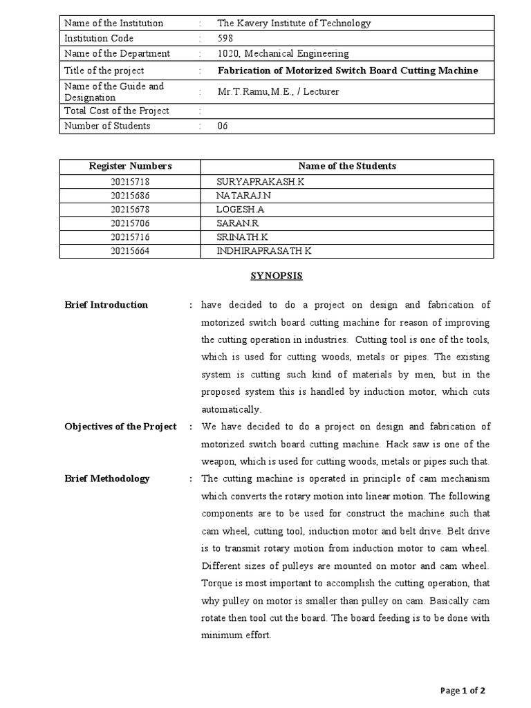 10.switch Board Cutting Machine Suryaprakash K PDF Electric Motor